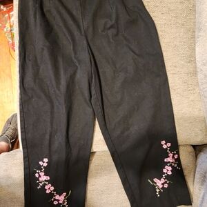 Kim Rogers Black Pants with Pink Floral Design